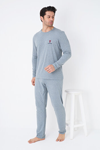 Siyah İnci Blue Melange Long Sleeve Knitted Men's Pajama Suit7795