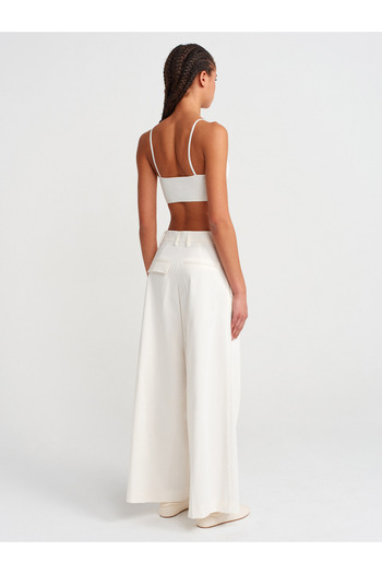 Dilvin 71634 Pleated Wide Leg Pants-White