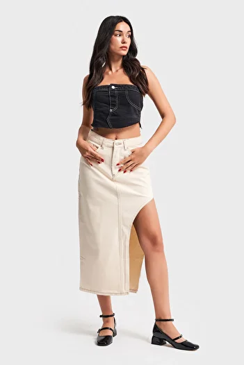 its basic Women's Raw Organic Color Rosa Long Denim Skirt with Side Deep Slit Detail