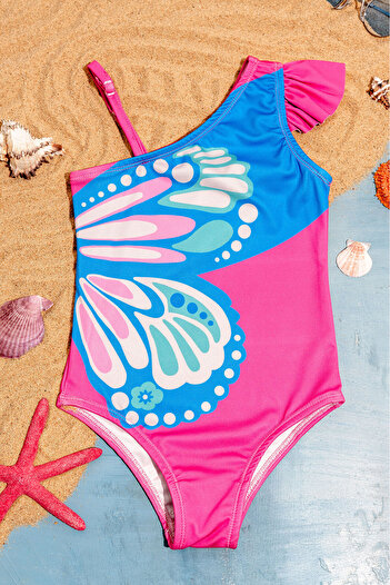 Beniizle One Shoulder Butterfly Patterned Girl's Swimsuit