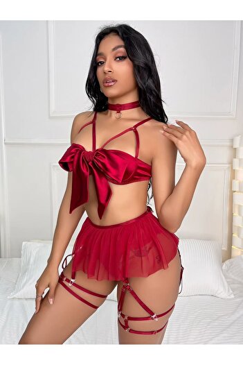 Burcumay Women's Red Bow Detailed Sexy Fancy Bra Mini Skirt String Lingerie Underwear Set