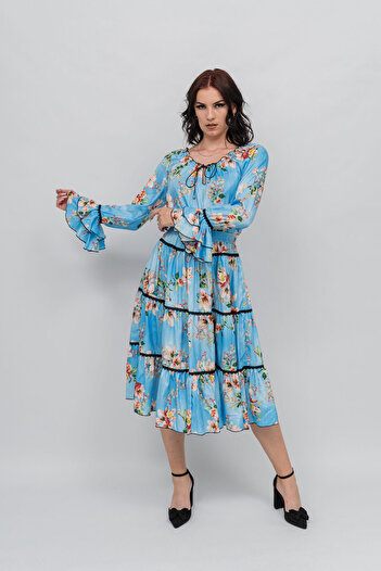 Gorgeaux Rochie Albastra cu Imprimeu Floral Ella - XL(42)