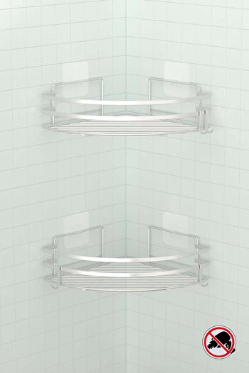 Teknotel Silver St207H Bathroom Corner Shelf - 2 Shampoo Holders and Organizer with Hooks