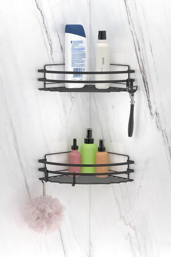 Teknotel 2 Pieces Matte Black Bathroom Corner Shelf St207H