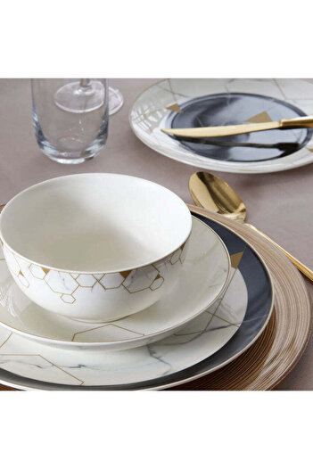 Karaca Gem 24-Piece Bone China Dinner Set for 6 People, Black Gold White