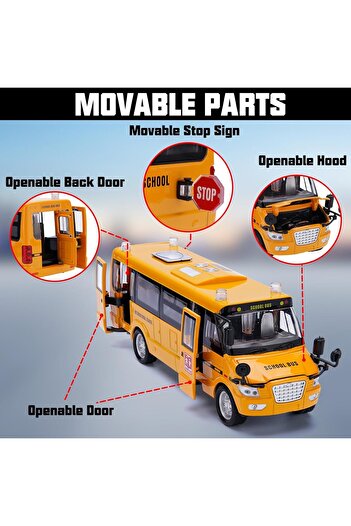 AWH School Bus Toy, 9'' Die Cast Pull Back Model, Lights & Sounds, Openable Doors, For Kids 3+