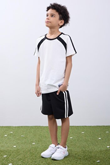Perendi Boy's Shorts Suit - Ecru T-Shirt & Black Shorts Summer Combination