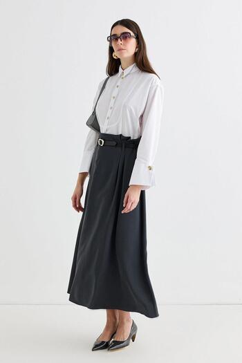 KADRİYE BAŞTÜRK Anthracite Colored Skirt with Belt and Pleat Detail