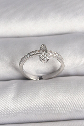 Skygo Brass Silver Color Zircon Stone Pearl Detailed Lock Heart Model Adjustable Ring - Tj-Byk3538
