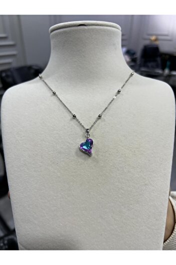 Store Purple Crystal Stone Heart Necklace with Steel Ball Chain Valentine's Day Birthday