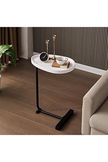 Generic Modern Coffee Table | C-Shaped Side Table with White Marble Top and Black Metal Legs 60x45x30 cm