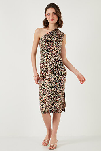 Lela Slim Fit Μίντι Φόρεμα με έναν ώμο με σκίσιμο και λεπτομέρεια δεσίματος 5866272