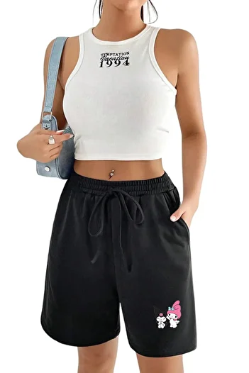 makiteks Black Gray 2 Pack Solid Color Women's Regular Shorts Lilo Stitch Kuromi Hellokitty