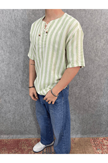 FıttingRoom Oversize Bohemian Cotton Linen Striped Tshirt