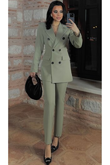pembekurdelem Women's Classic Long Jacket and Pants Suit Khaki