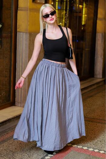 Madmext Gray Voile Fabric Basic Women's Long Length Women's Skirt Mg2366