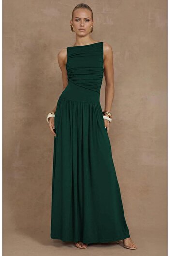 Madmext Green Front Draped Long Length Women's Dress Mg2364