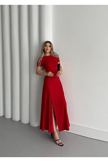 BUKETLİ Women's Crew Neck Lycra Slit Detail Open Back Combed Cotton Flared Dress