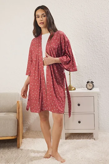 Trendyol Collection Red Belted Heart Ribbed Knitted Dressing Gown Thmss25Sb00004