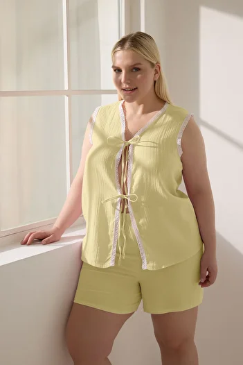 Trendyol Curve Yellow Lace Detailed Pajama Set - Muslim with Ribbon and Bow