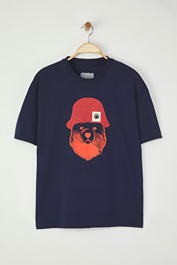 Trendyol Collection Μπλουζάκι με κοντό μανίκι Navy Blue Oversize Καπέλο απλικέ 100% βαμβάκι