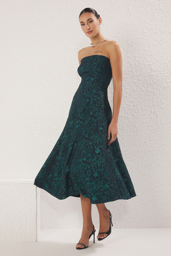 Trendyol Collection Emerald Green A-Line Jacquard Woven Midi Evening Dress Night Homecoming Dress