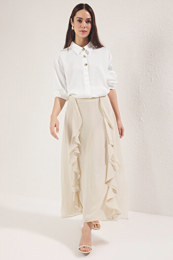 Trendyol Modest AI Collection Μπεζ βολάν Λεπτομερής υφαντή φούστα TCTAW25EE00012