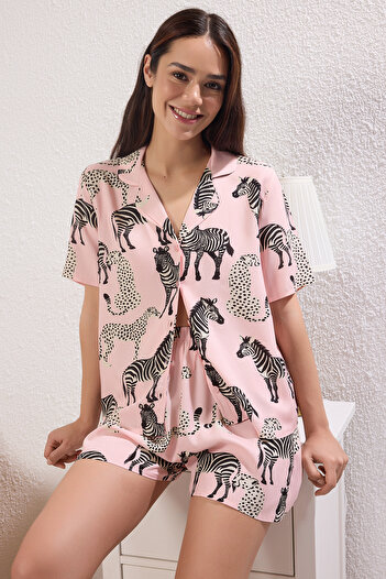 Trendyol Collection Pink Animal Pattern Viscose Woven Pajamas Set with Shorts Thmss25Pt00390