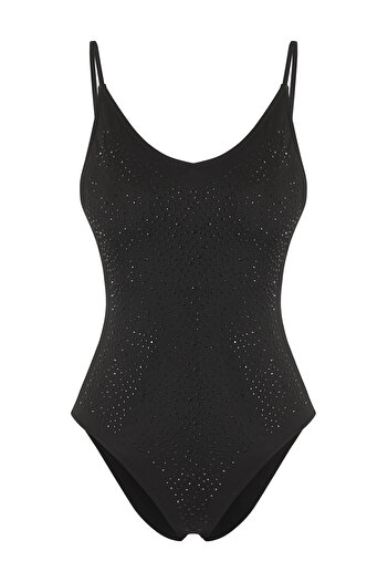 Trendyol Collection Black V-Neck Shiny Stone Printed Regular Swimsuit Tbess25Ma00111