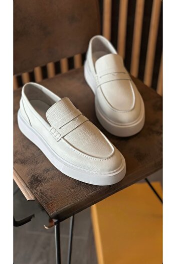NYZ White Genuine Leather Loafer Shoes
