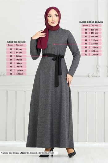 ModaMerve Herringbone Patterned Belted Dress - 22033Ukb929-M Anthracite