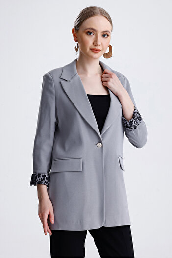 MD trend Women's Leopard Detailed Buttoned Lined Padded Blazer Jacket