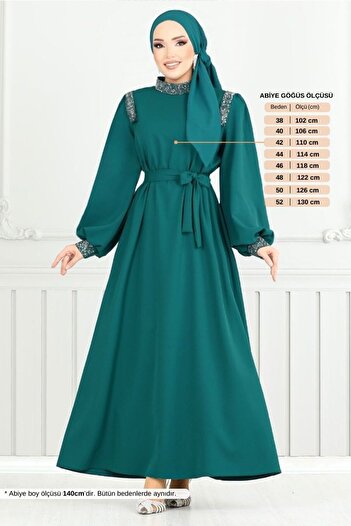 ModaMerve Petrol Colored Stone Detailed Hijab Evening Dress - 5656End900-M