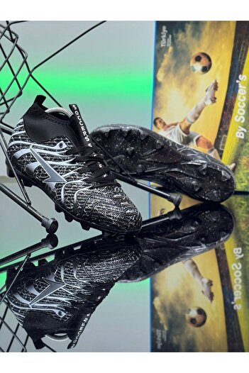 Nstil Black and White Football Boots Socks Studded Laced Air Astroturf and Grass Ground Football Sports Shoes 2060