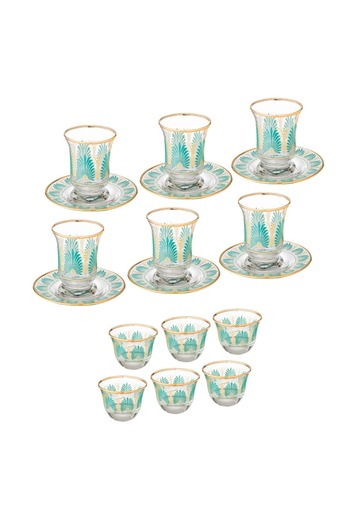 BYBLOSS Saudi tea and coffee set made of Turkish glass with green engraving, consisting of 6 cups + 6 saucers + 6 coffee cups