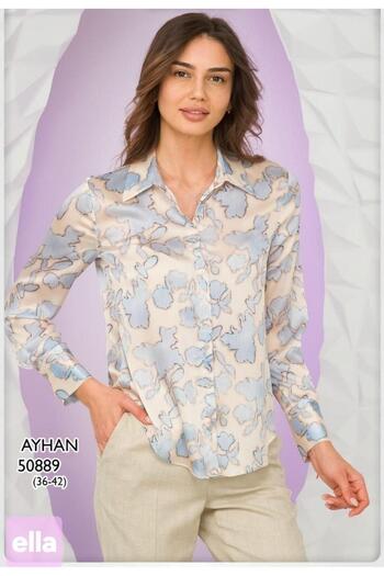 AYHAN Floral Detailed Satin Long Sleeve Ice Blue Shirt