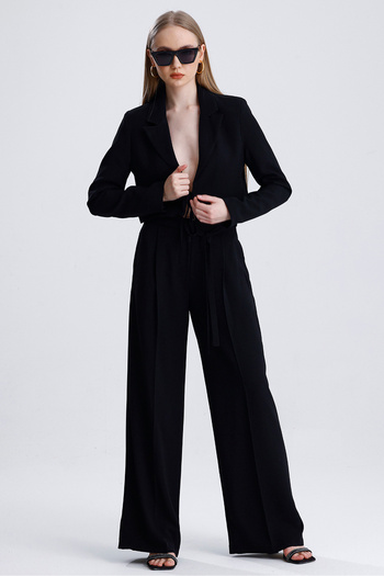 MD trend Women's Tied Crop Jacket and Belted Palazzo Trousers Two Piece Set