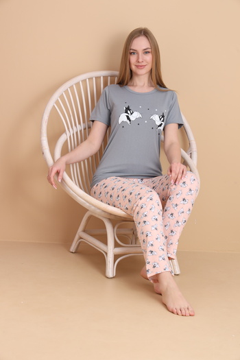 VG BOND MODA Grey Floor Print Detailed Short Sleeve Women's Pajamas Set Vg157