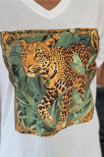 FEMELLE Women's White V-Neck Large Size Tiger Sequin Sequin Embroidered 100% Cotton T-Shirt