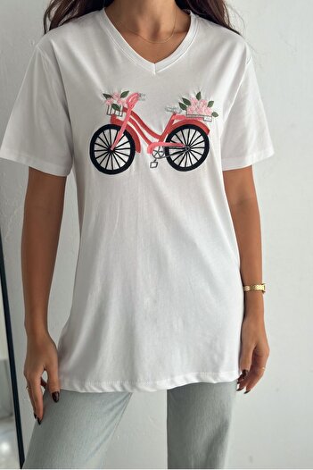 FEMELLE Women's White V-Neck Large Size Bicycle Embroidered Sequin Sequin Embroidered 100% Cotton T-Shirt