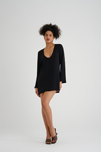Store %100 Pamuk V Yaka Uzun Kollu Mini Elbise