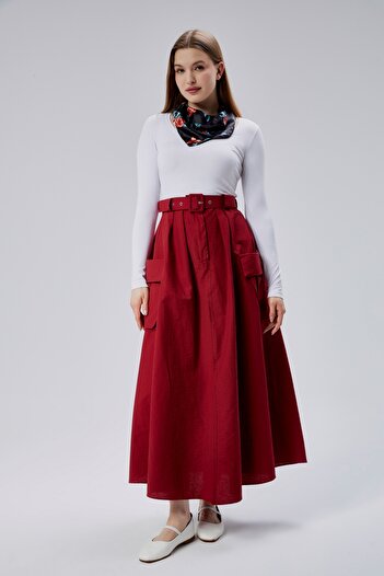 Wissi Life Women's Burgundy Pleated Double Pocket Front Zippered Long Skirt with Belt