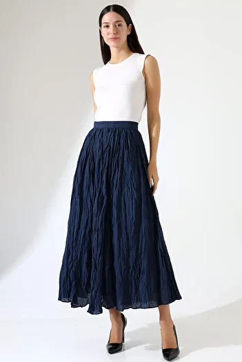 Union and Joy Women's Pleated Voile Crush Navy Blue Skirt