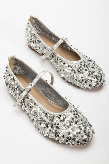 Dilimler Ayakkabı Women's Shoes - Ballerina Silver Mesh Sequin Material with Baret