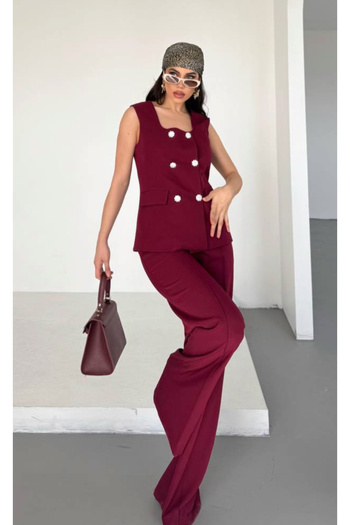 pembekurdelem Women's Classic Vest Pants Set Square Neck Claret Red