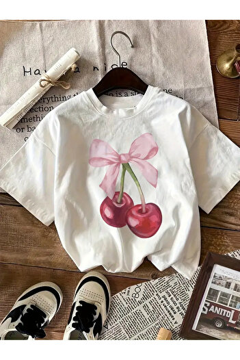 Touz Moda Pink Bow & Cherry Printed Unisex Oversize T-Shirt