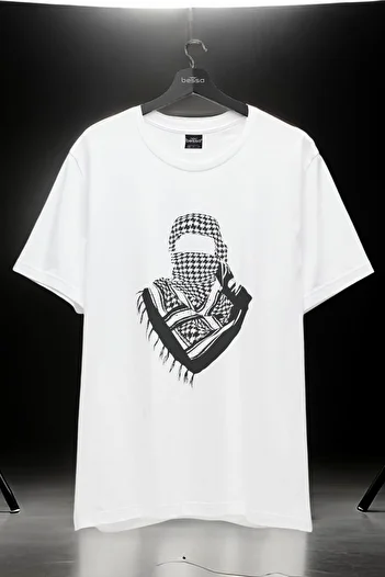 BESSA White Cotton Kefiye Printed T-Shirt - Crew Neck - Basic Women and Men