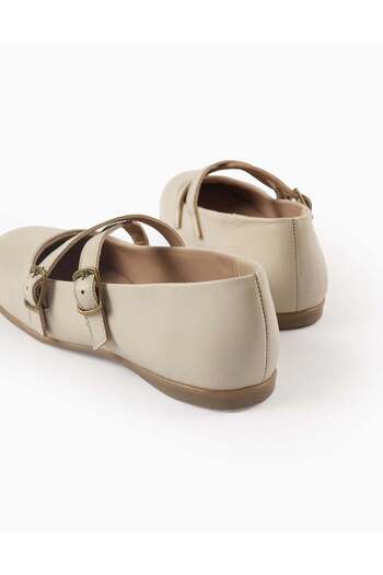 Ziddy Leather Buckled Ballerina Shoes for Girls, Beige