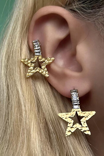 Vitastyle Two Color Star Figured Stone Detailed Steel Earrings (Pair)