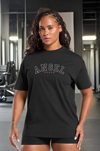BESSA Women's Angel Printed Black Oversize Crew Neck Cotton Athlete T-Shirt